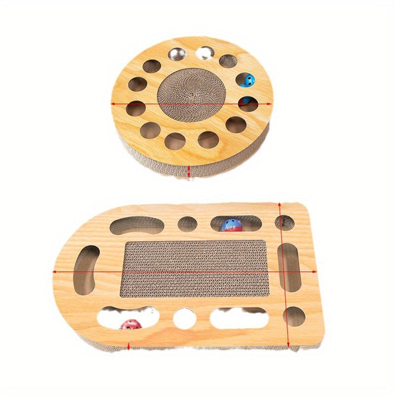 Interactive Cat Scratcher Toy with Ball Track, Square Corrugated Cardboard Multi-Level Platform Scratch Pad, Play Lounge for Indoor Cats and Kittens, Cat Scratching Board with Spinner