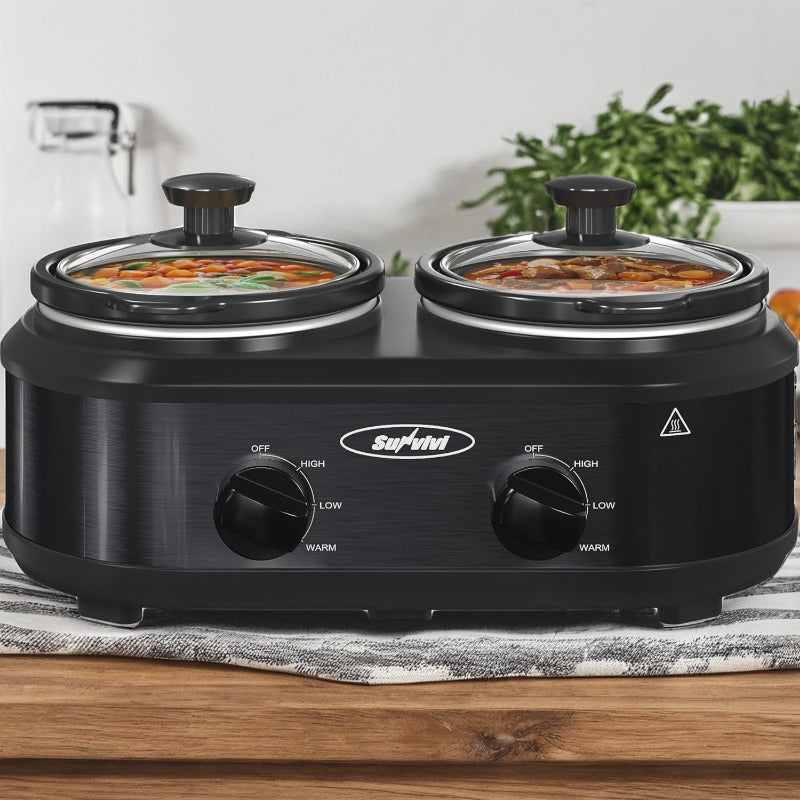RoyalCraft Dual Slow Cooker & Buffet Server - 2 x 1.25QT Removable Ceramic Pots, Adjustable Temp, Stainless Steel Warmer for Parties & Entertaining - Black, Silver & Red