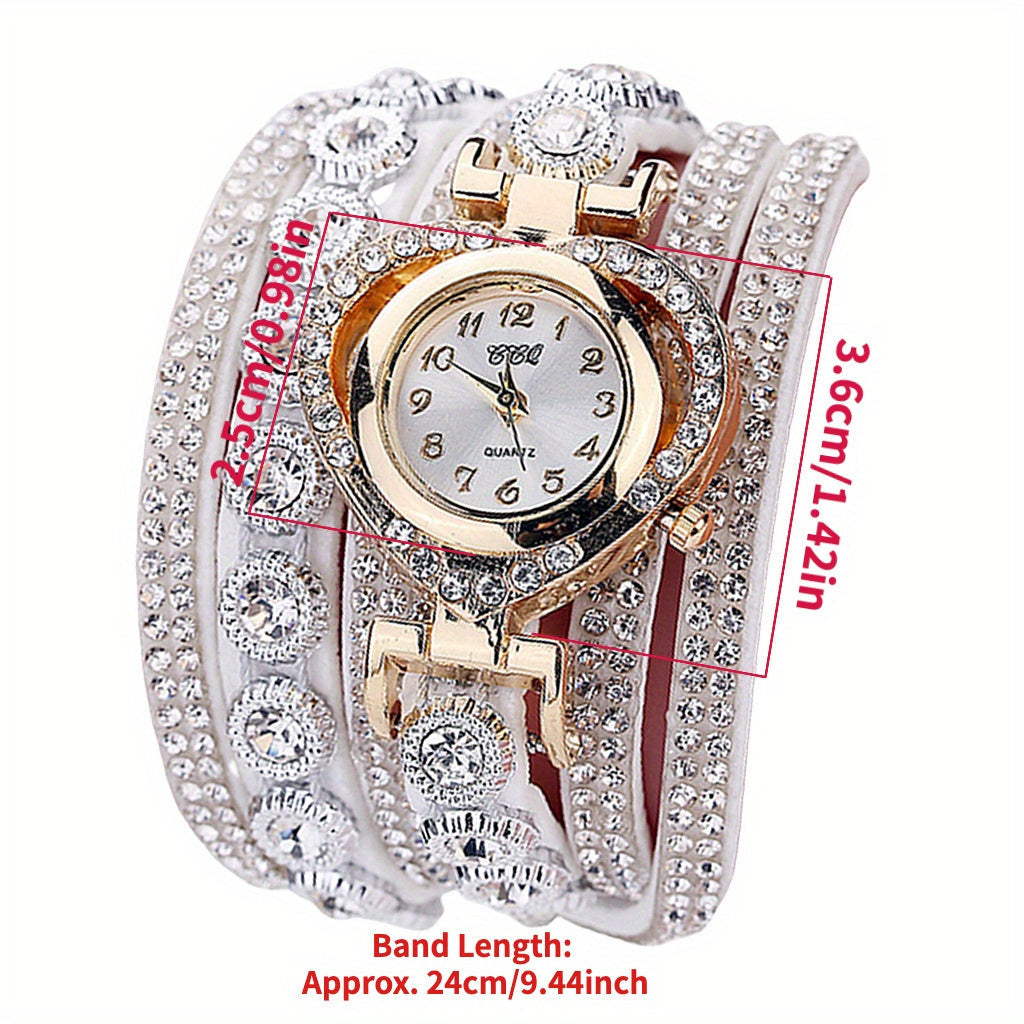 Women's Luxury Rhinestone Bracelet Watch – Multilayer Heart Dial Quartz Analog Wristwatch, Fashion Jewelry Gift for Ladies, Available in 5 Colors: White, Black, Purple, Green, and Rose