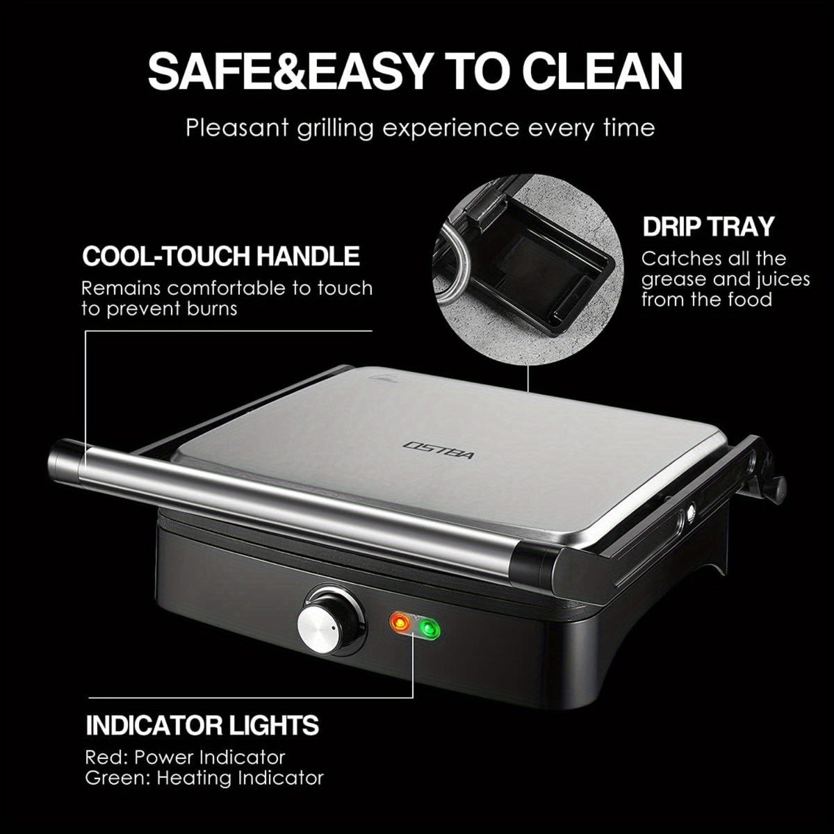 OSTBA 4-Slice Panini Press Grill Indoor Sandwich Maker – 1200W Non-Stick 180° Opens Temperature Control with Drip Tray for Sandwiches Steak BBQ
