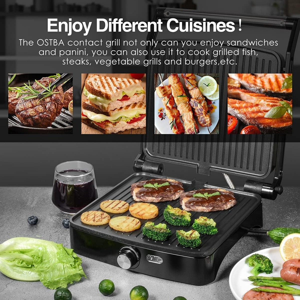 OSTBA 4-Slice Panini Press Grill Indoor Sandwich Maker – 1200W Non-Stick 180° Opens Temperature Control with Drip Tray for Sandwiches Steak BBQ