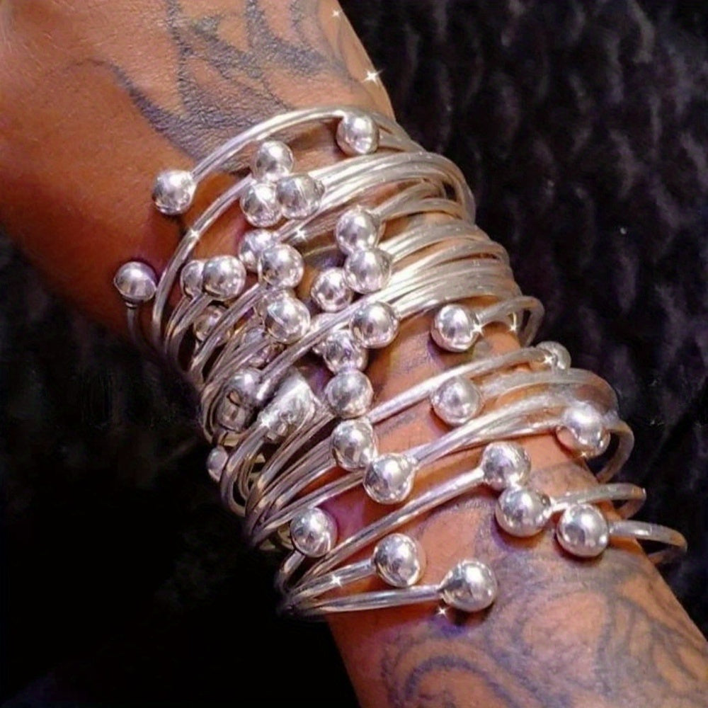 Handmade Thick Copper Silver-Plated Stackable Boho Bangle Bracelet Set for Women, West Indian Retro Style for Daily Wear and Special Events, 5pc or 10pc