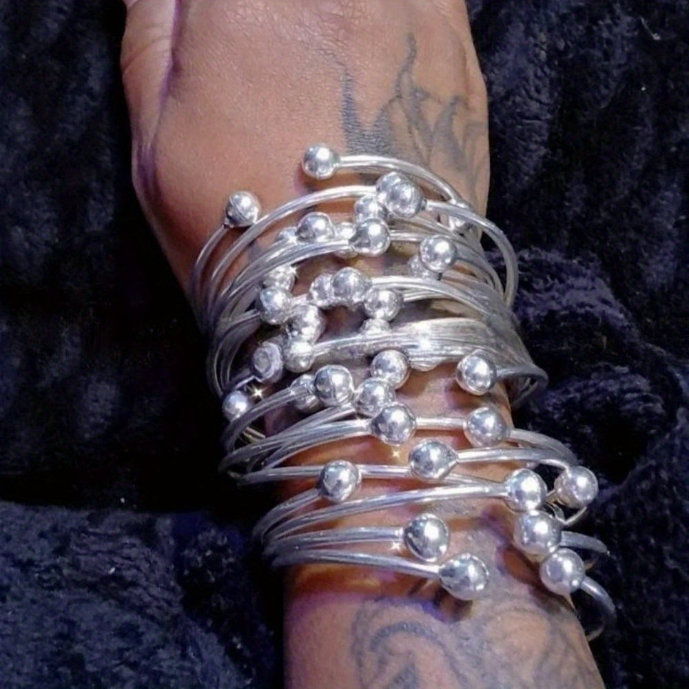 Handmade Thick Copper Silver-Plated Stackable Boho Bangle Bracelet Set for Women, West Indian Retro Style for Daily Wear and Special Events, 5pc or 10pc