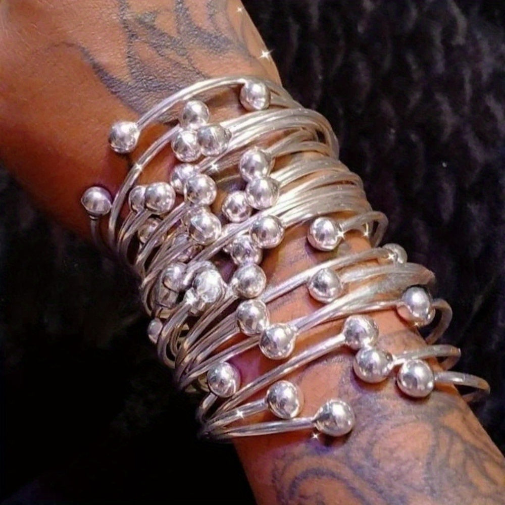 Handmade Thick Copper Silver-Plated Stackable Boho Bangle Bracelet Set for Women, West Indian Retro Style for Daily Wear and Special Events, 5pc or 10pc