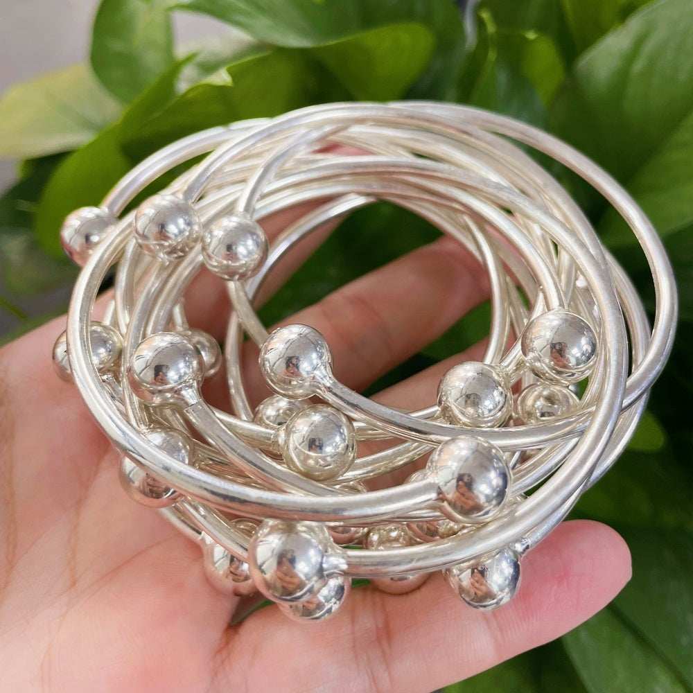Handmade Thick Copper Silver-Plated Stackable Boho Bangle Bracelet Set for Women, West Indian Retro Style for Daily Wear and Special Events, 5pc or 10pc