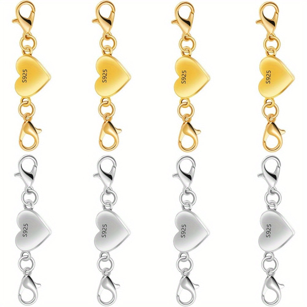 925 Sterling Silver Heart-Shaped Magnetic Necklace Clasps & Closures Multi-Pack - Easy-Connect Magnetic Clasp Converter for Jewelry Making, Chain Extender Connector for Necklaces & Bracelets, Gold & Silver