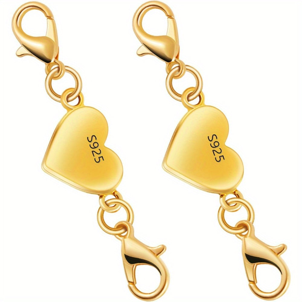 925 Sterling Silver Heart-Shaped Magnetic Necklace Clasps & Closures Multi-Pack - Easy-Connect Magnetic Clasp Converter for Jewelry Making, Chain Extender Connector for Necklaces & Bracelets, Gold & Silver