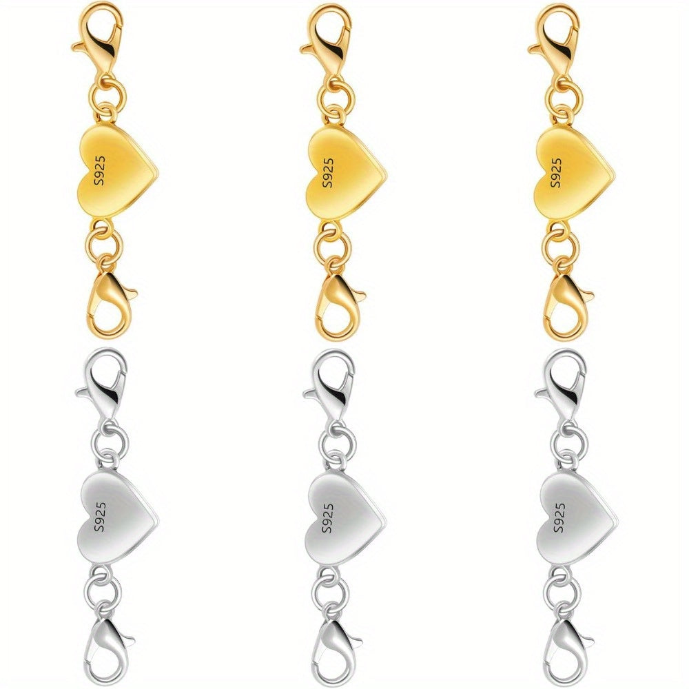 925 Sterling Silver Heart-Shaped Magnetic Necklace Clasps & Closures Multi-Pack - Easy-Connect Magnetic Clasp Converter for Jewelry Making, Chain Extender Connector for Necklaces & Bracelets, Gold & Silver