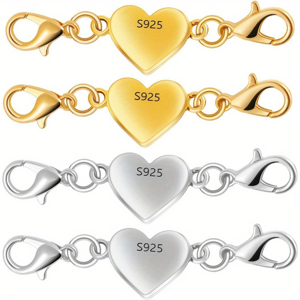 925 Sterling Silver Heart-Shaped Magnetic Necklace Clasps & Closures Multi-Pack - Easy-Connect Magnetic Clasp Converter for Jewelry Making, Chain Extender Connector for Necklaces & Bracelets, Gold & Silver