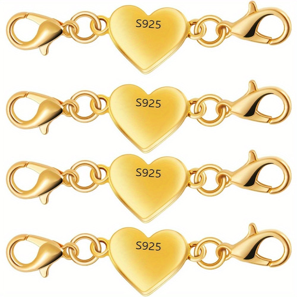 925 Sterling Silver Heart-Shaped Magnetic Necklace Clasps & Closures Multi-Pack - Easy-Connect Magnetic Clasp Converter for Jewelry Making, Chain Extender Connector for Necklaces & Bracelets, Gold & Silver