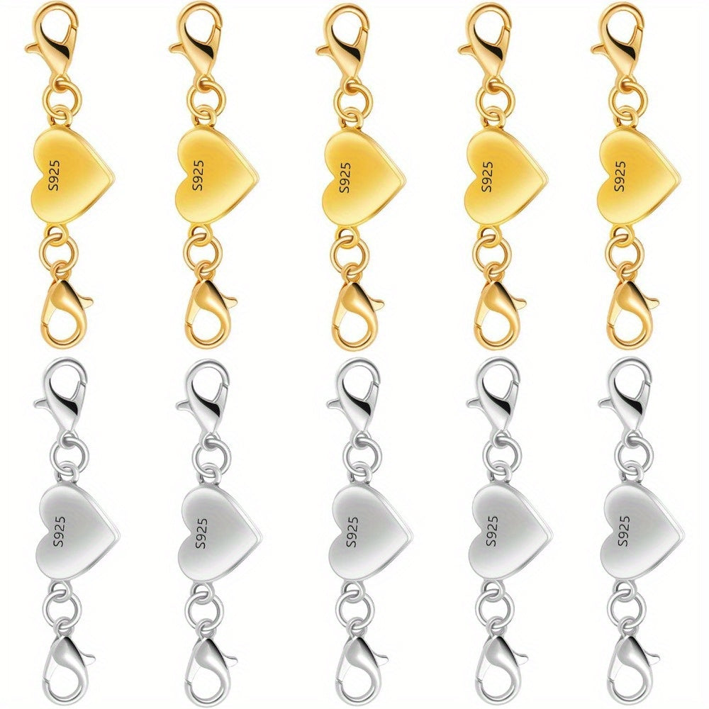925 Sterling Silver Heart-Shaped Magnetic Necklace Clasps & Closures Multi-Pack - Easy-Connect Magnetic Clasp Converter for Jewelry Making, Chain Extender Connector for Necklaces & Bracelets, Gold & Silver