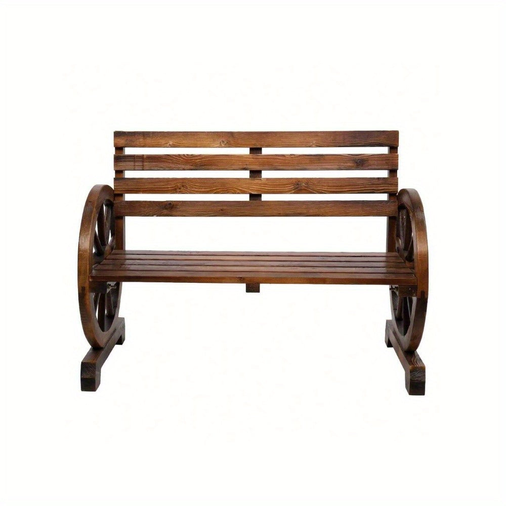 2-Person Outdoor Wooden Wagon Wheel Bench, Solid Poplar Wood Slatted Seat & Backrest, Rustic Brown Patio Bench for Garden Poolside Porch Camping Family Gatherings, Unique Farmhouse Outdoor Furniture