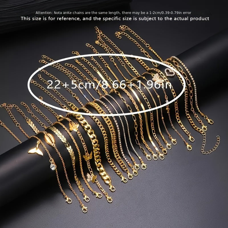 22-Piece Butterfly Tail Pendant Metal Anklet Set for Women Fashionable Elegant Layered Ankle Chain Jewelry for Daily Wear, Parties, Beach Holiday Gift for Her