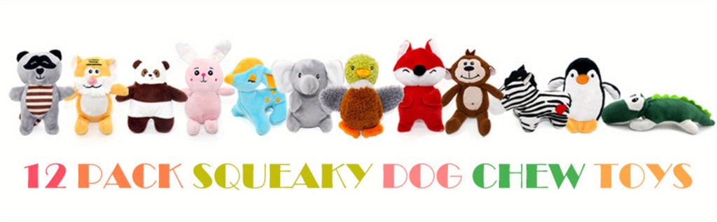 12-Pack Squeaky Stuffed Animal Dog Toys Plush Puppy Toys for Small and Medium Dogs - Soft Chew Teething Toys with Gift Box: Fox, Tiger, Rabbit, Panda & More