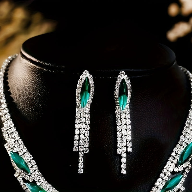 Crystal Rhinestone and Green Synthetic Gemstone Jewelry Set for Women – Elegant 2-Piece Necklace and Earrings Set, Opulent Bridal Wedding Party Prom Jewelry Gift for Her Special Occasions