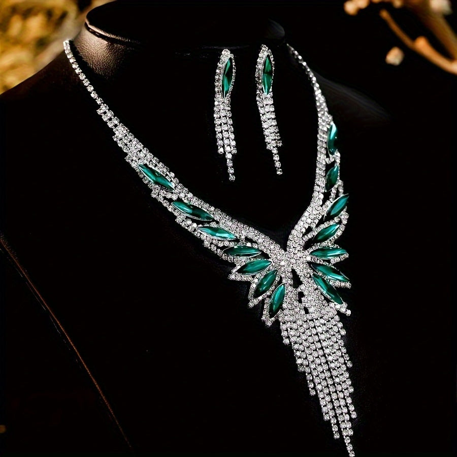 Crystal Rhinestone and Green Synthetic Gemstone Jewelry Set for Women – Elegant 2-Piece Necklace and Earrings Set, Opulent Bridal Wedding Party Prom Jewelry Gift for Her Special Occasions
