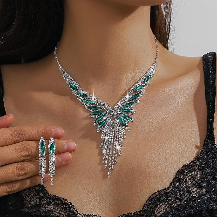 Crystal Rhinestone and Green Synthetic Gemstone Jewelry Set for Women – Elegant 2-Piece Necklace and Earrings Set, Opulent Bridal Wedding Party Prom Jewelry Gift for Her Special Occasions