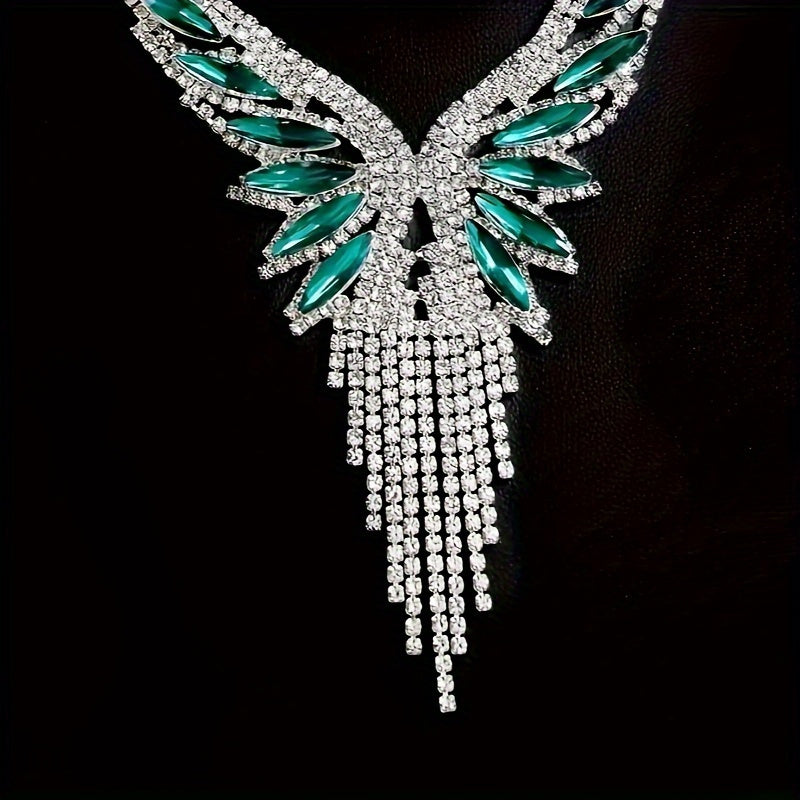 Crystal Rhinestone and Green Synthetic Gemstone Jewelry Set for Women – Elegant 2-Piece Necklace and Earrings Set, Opulent Bridal Wedding Party Prom Jewelry Gift for Her Special Occasions