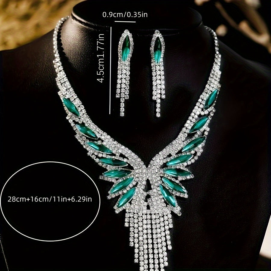 Crystal Rhinestone and Green Synthetic Gemstone Jewelry Set for Women – Elegant 2-Piece Necklace and Earrings Set, Opulent Bridal Wedding Party Prom Jewelry Gift for Her Special Occasions
