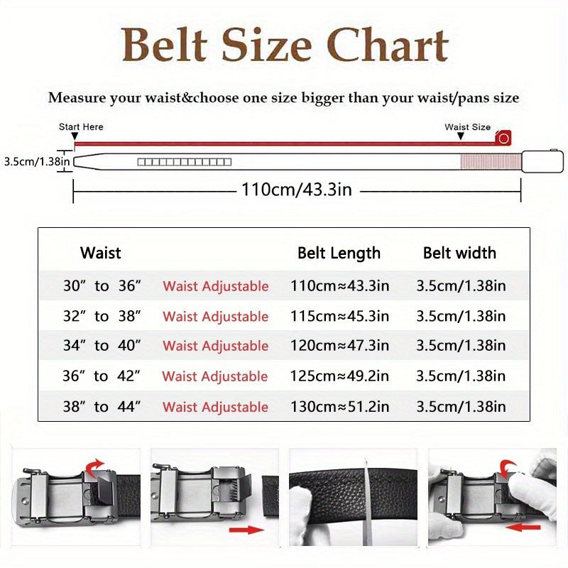 Men's Leather Ratchet Belt Set of 2, Automatic Zinc Alloy Buckle, Black and Brown, Fits 30 to 44 Inch Waist, Casual Business Dress Belt, Gift for Him