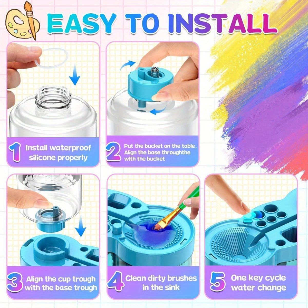 6-in-1 Upgraded Paint Brush Cleaner with Paint Tray, Drain, Brush Holder, and Water Circulation Cleaning Tool for Acrylic, Watercolor, and Water-Based Paints - Artist Painting Supplies (Blue/Purple)