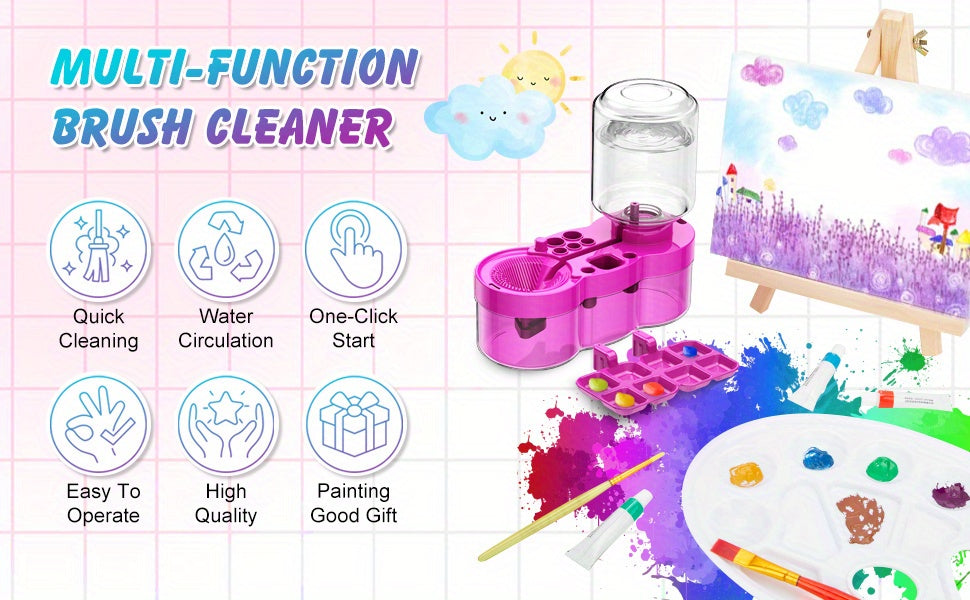 6-in-1 Upgraded Paint Brush Cleaner with Paint Tray, Drain, Brush Holder, and Water Circulation Cleaning Tool for Acrylic, Watercolor, and Water-Based Paints - Artist Painting Supplies (Blue/Purple)