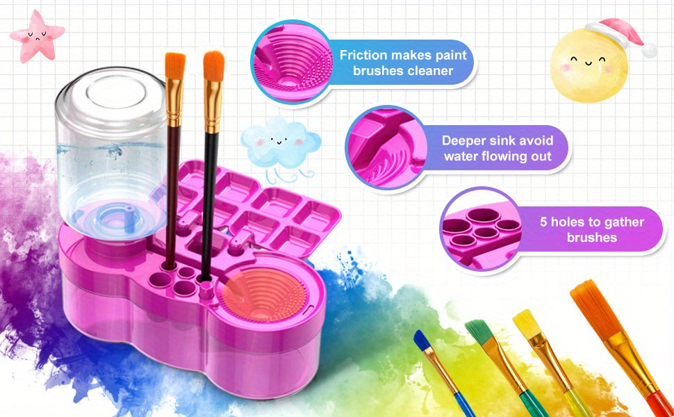 6-in-1 Upgraded Paint Brush Cleaner with Paint Tray, Drain, Brush Holder, and Water Circulation Cleaning Tool for Acrylic, Watercolor, and Water-Based Paints - Artist Painting Supplies (Blue/Purple)