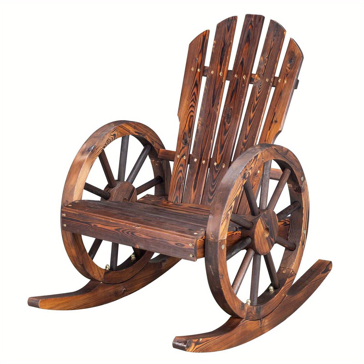 Outdoor Solid Fir Wood Wagon Wheel Rocking Chair, 330 Lb Capacity, Carbonized Finish, for Patio, Garden & Porch