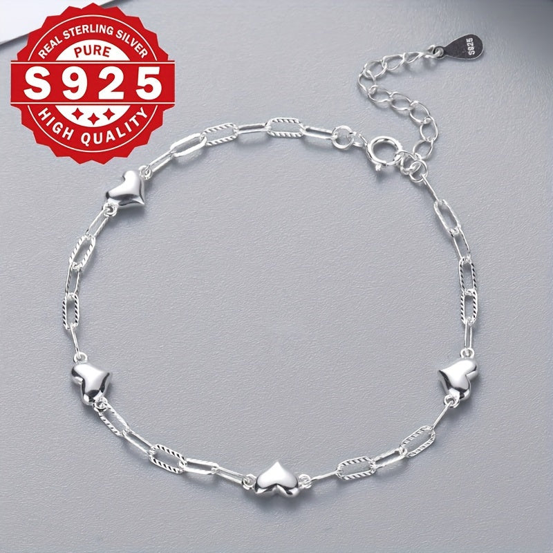 925 Sterling Silver 3D Heart Link Chain Bracelet for Women, Minimalist and Elegant, Unplated, Figaro Clasp, Lightweight Dainty Jewelry for Daily Wear and Party Gift for Her