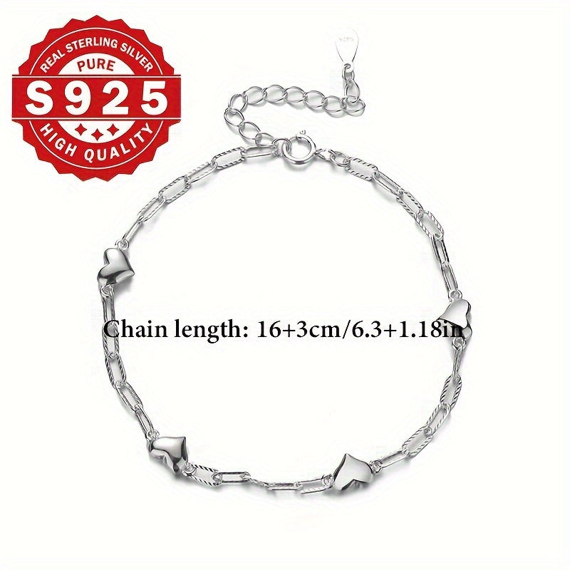 925 Sterling Silver 3D Heart Link Chain Bracelet for Women, Minimalist and Elegant, Unplated, Figaro Clasp, Lightweight Dainty Jewelry for Daily Wear and Party Gift for Her