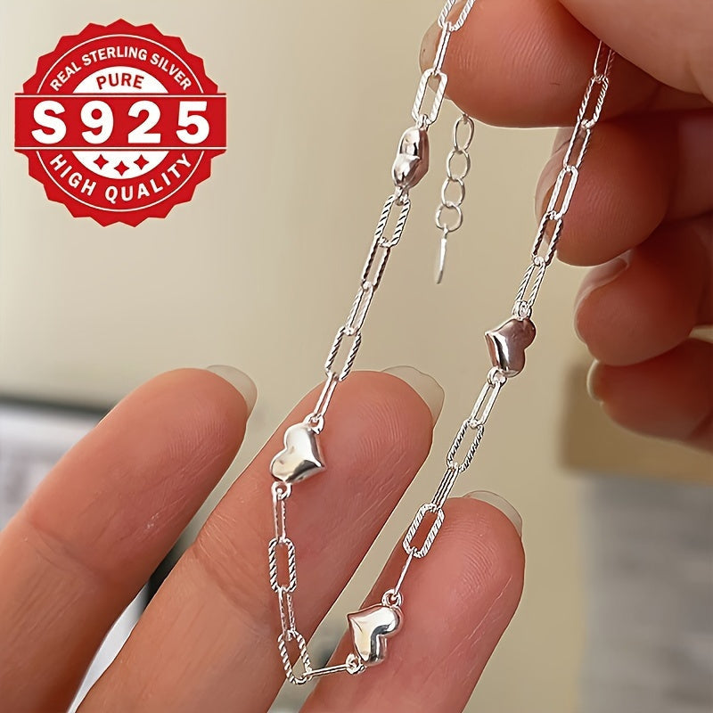 925 Sterling Silver 3D Heart Link Chain Bracelet for Women, Minimalist and Elegant, Unplated, Figaro Clasp, Lightweight Dainty Jewelry for Daily Wear and Party Gift for Her
