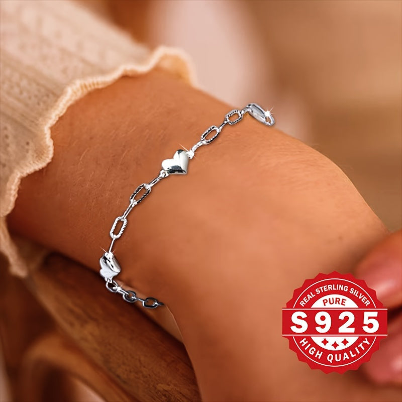925 Sterling Silver 3D Heart Link Chain Bracelet for Women, Minimalist and Elegant, Unplated, Figaro Clasp, Lightweight Dainty Jewelry for Daily Wear and Party Gift for Her