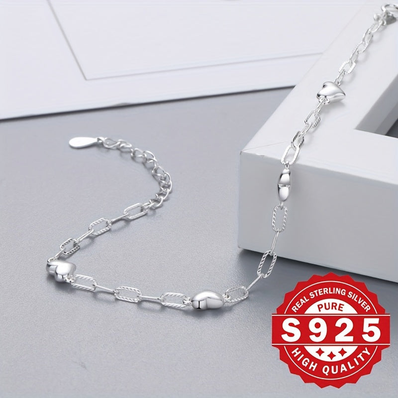 925 Sterling Silver 3D Heart Link Chain Bracelet for Women, Minimalist and Elegant, Unplated, Figaro Clasp, Lightweight Dainty Jewelry for Daily Wear and Party Gift for Her