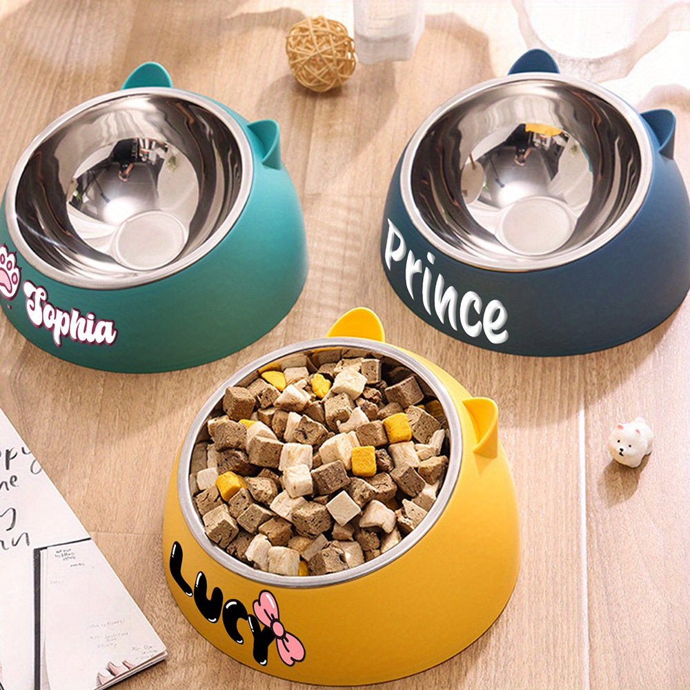 Personalized Stainless Steel Tilted Pet Bowl for Cats and Dogs, Custom Name, Ergonomic Neck Protection Food and Water Bowl, Great Gift for Small, Medium, and Large Pets