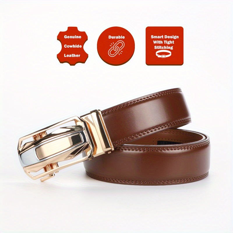 Men's Leather Ratchet Belt Set of 2, Automatic Zinc Alloy Buckle, Black and Brown, Fits 30 to 44 Inch Waist, Casual Business Dress Belt, Gift for Him