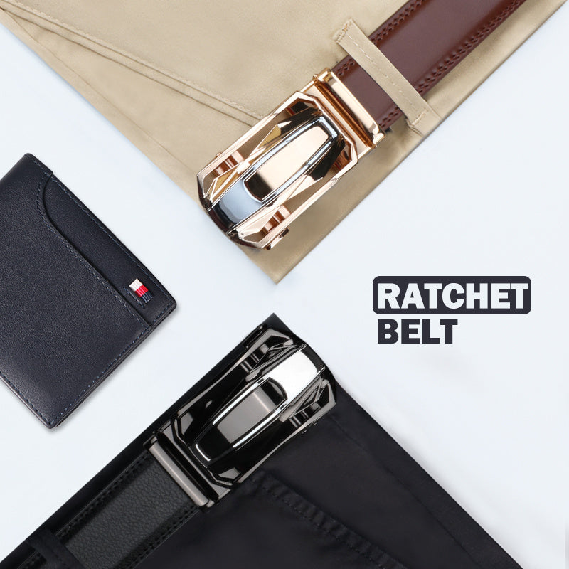 Men's Leather Ratchet Belt Set of 2, Automatic Zinc Alloy Buckle, Black and Brown, Fits 30 to 44 Inch Waist, Casual Business Dress Belt, Gift for Him