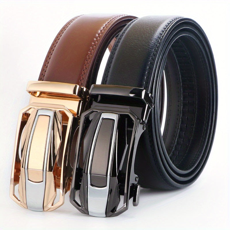 Men's Leather Ratchet Belt Set of 2, Automatic Zinc Alloy Buckle, Black and Brown, Fits 30 to 44 Inch Waist, Casual Business Dress Belt, Gift for Him
