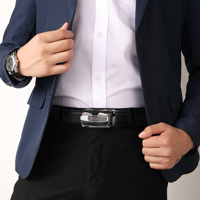Men's Leather Ratchet Belt Set of 2, Automatic Zinc Alloy Buckle, Black and Brown, Fits 30 to 44 Inch Waist, Casual Business Dress Belt, Gift for Him