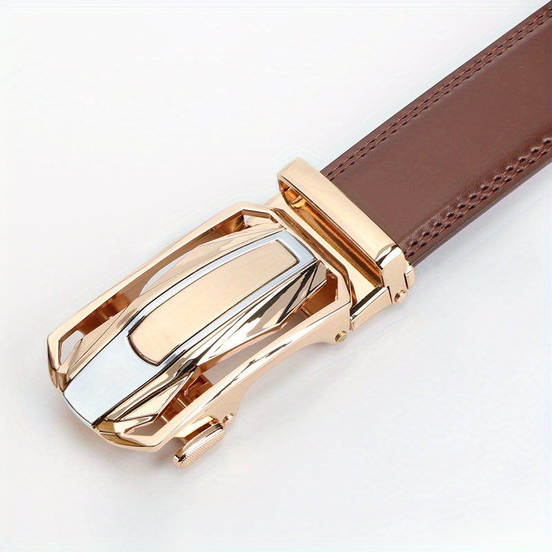 Men's Leather Ratchet Belt Set of 2, Automatic Zinc Alloy Buckle, Black and Brown, Fits 30 to 44 Inch Waist, Casual Business Dress Belt, Gift for Him