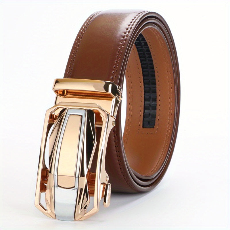 Men's Leather Ratchet Belt Set of 2, Automatic Zinc Alloy Buckle, Black and Brown, Fits 30 to 44 Inch Waist, Casual Business Dress Belt, Gift for Him