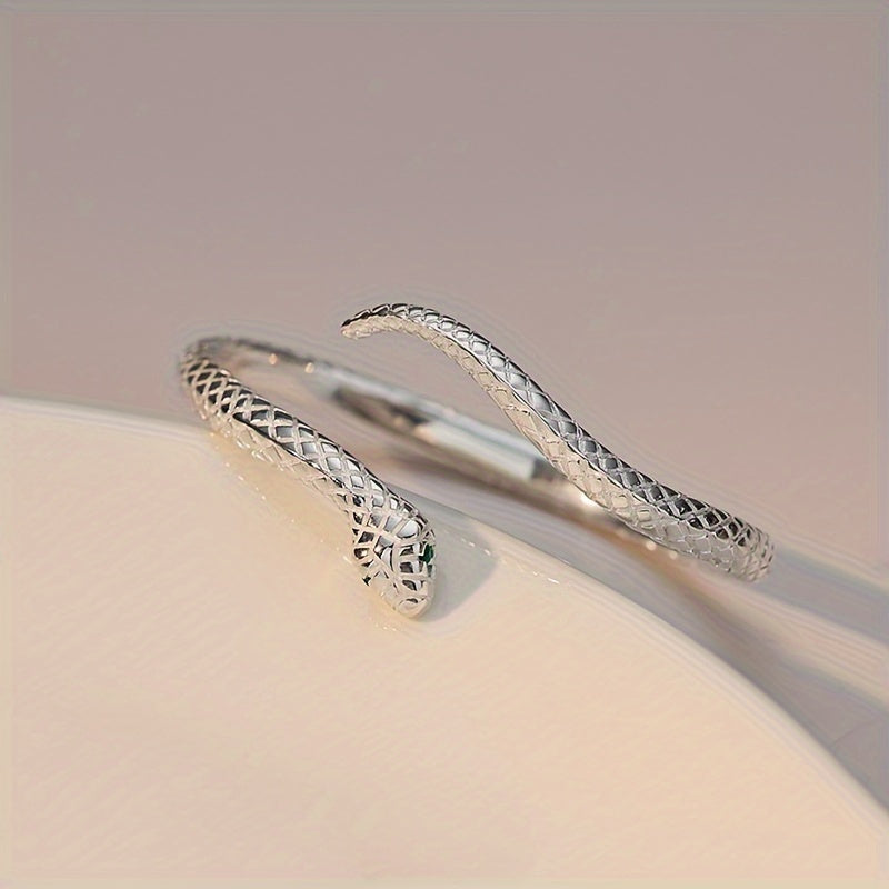 925 Sterling Silver Snake Cuff Bracelet, Adjustable, Hypoallergenic, Green Zirconia Eyes, Floral Accents, Zodiac Snake, Retro Punk Style Jewelry Gift