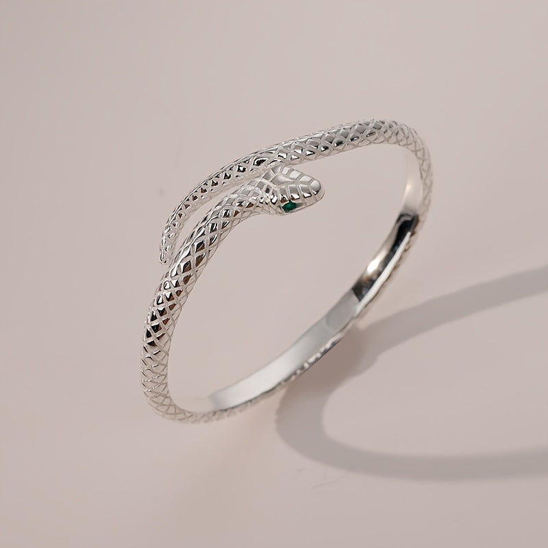 925 Sterling Silver Snake Cuff Bracelet, Adjustable, Hypoallergenic, Green Zirconia Eyes, Floral Accents, Zodiac Snake, Retro Punk Style Jewelry Gift