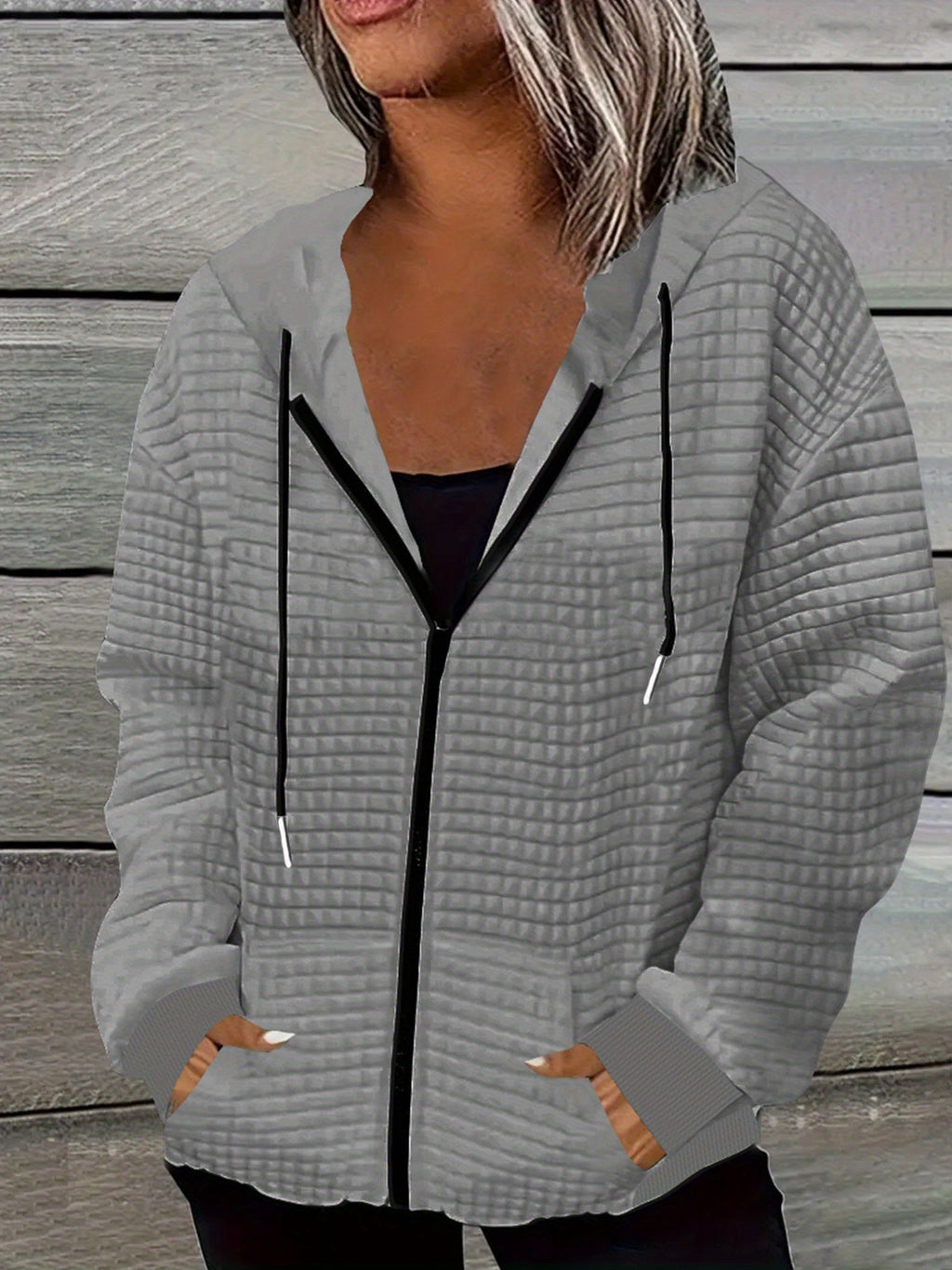 Women's Dog Print Zip-Up Hoodie, Waffle Knit Casual Sweatshirt with Drawstring and Geometric Pattern – 100% Polyester, Machine Washable, S-XXL, Pink/Black/Grey/Orange-Red