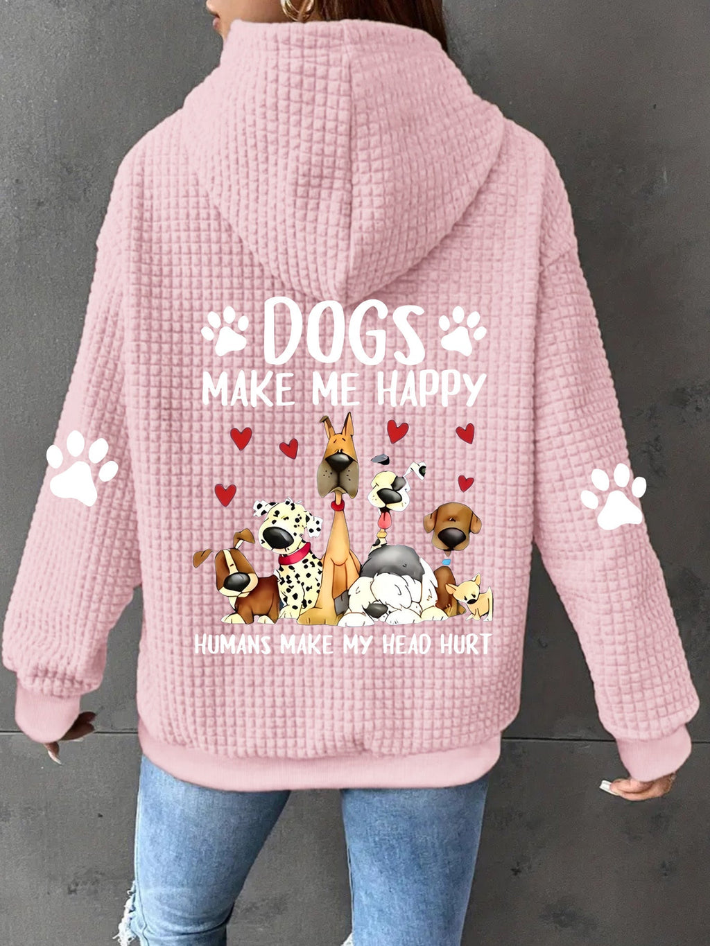 Women's Dog Print Zip-Up Hoodie, Waffle Knit Casual Sweatshirt with Drawstring and Geometric Pattern – 100% Polyester, Machine Washable, S-XXL, Pink/Black/Grey/Orange-Red