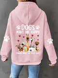 Women's Dog Print Zip-Up Hoodie, Waffle Knit Casual Sweatshirt with Drawstring and Geometric Pattern – 100% Polyester, Machine Washable, S-XXL, Pink/Black/Grey/Orange-Red