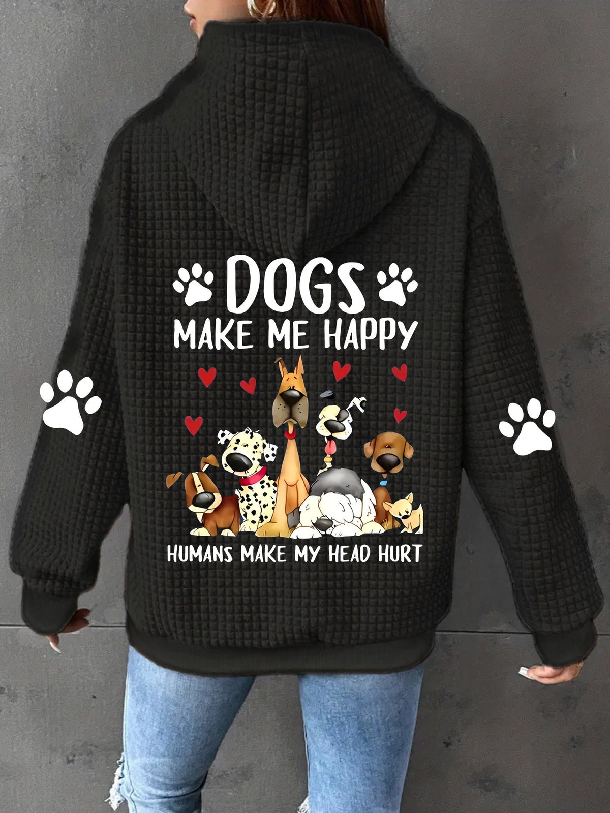 Women's Dog Print Zip-Up Hoodie, Waffle Knit Casual Sweatshirt with Drawstring and Geometric Pattern – 100% Polyester, Machine Washable, S-XXL, Pink/Black/Grey/Orange-Red