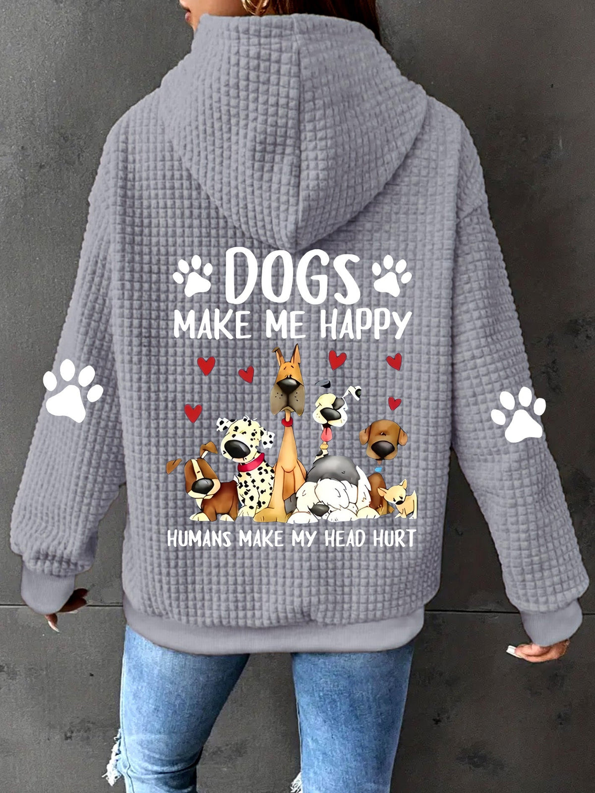 Women's Dog Print Zip-Up Hoodie, Waffle Knit Casual Sweatshirt with Drawstring and Geometric Pattern – 100% Polyester, Machine Washable, S-XXL, Pink/Black/Grey/Orange-Red