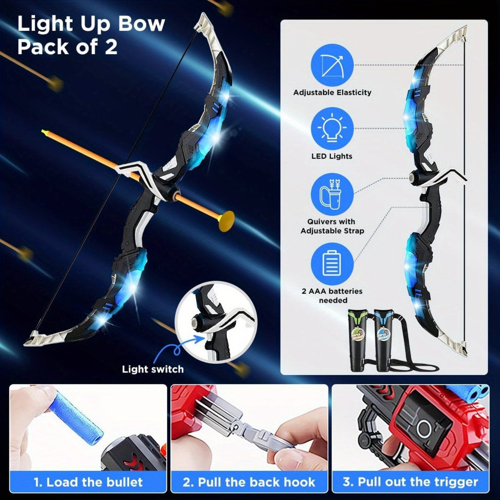 2-Pack Kids Bow & Arrow Archery Toy Set - Light-Up, Suction Cup Arrows, 29" Dart Board, Standing Target, 2 Bows, 2 Quivers, 20 Arrows - Indoor & Outdoor - Boys & Girls Ages 3+