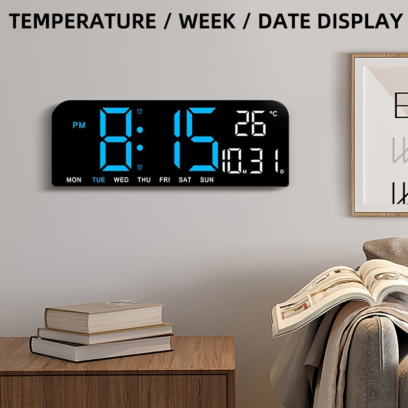 Large Screen LED Alarm Clock with Auto-Dimming and Remote Control – 15-Inch Digital Clock Displays Time, Date, Day of the Week, Temperature, and Humidity – Ideal Bedroom Bedside Clock for Seniors, Living Room, and Office Desk