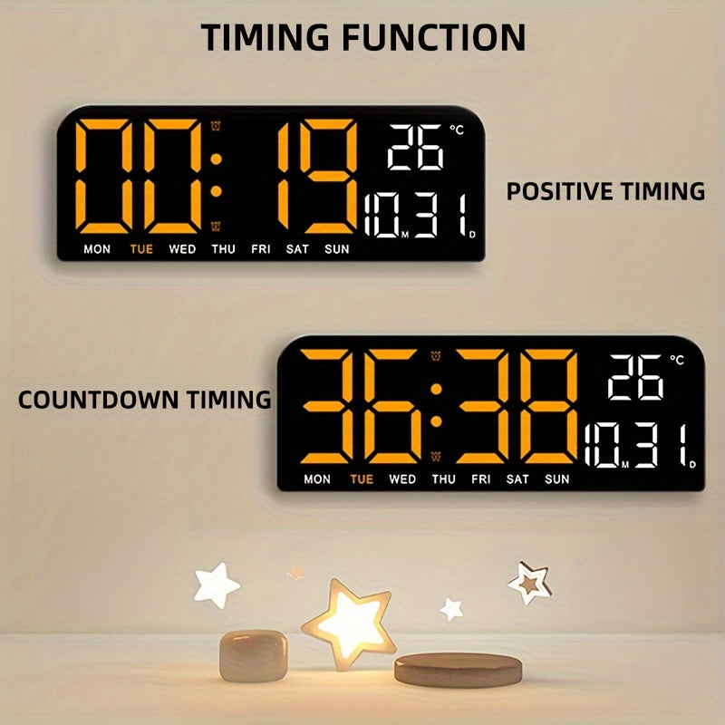 Large Screen LED Alarm Clock with Auto-Dimming and Remote Control – 15-Inch Digital Clock Displays Time, Date, Day of the Week, Temperature, and Humidity – Ideal Bedroom Bedside Clock for Seniors, Living Room, and Office Desk